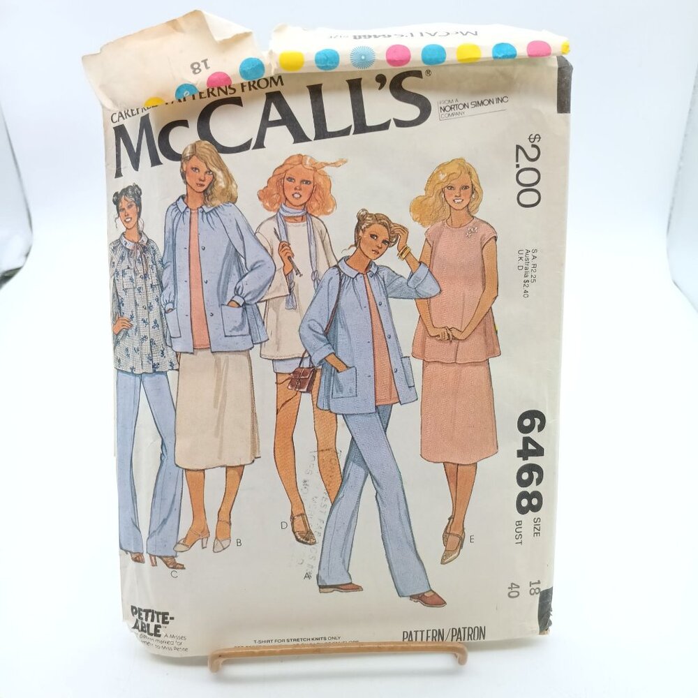 Vintage McCalls 6468 Petite Maternity Sewing Pattern Jacket Shirt Pants Skirt